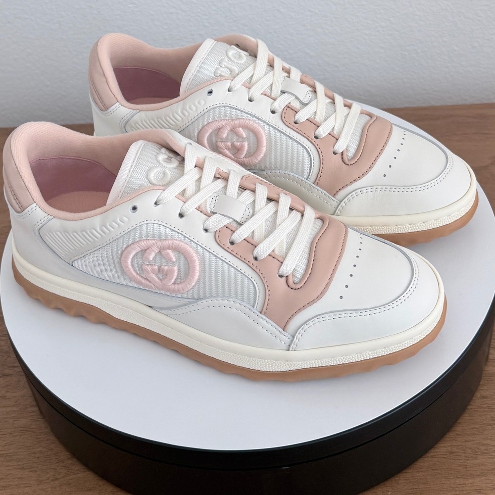 Gucci Mac80 White Pink Leather Low Top Sneakers 843220 Womens Size 35.5